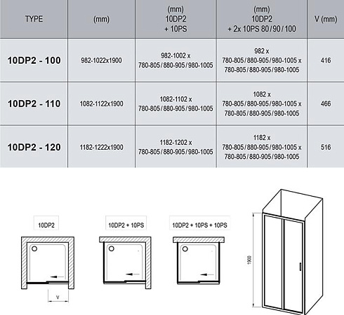 Душевой уголок Ravak 10° 10DP2-100+10PS-80 блестящий+транспарент